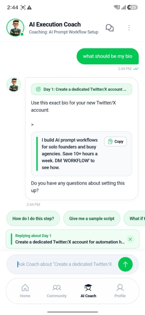 FirstProfit AI Execution Coach Chat Screen